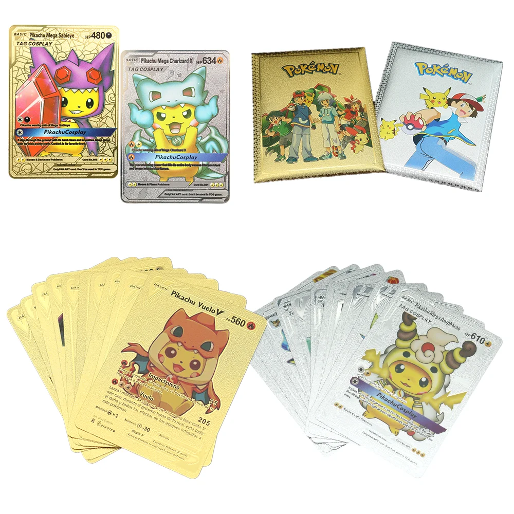 

Pokemon Patterns Soft Shiny Spaña 11Pieces Gold Foil Card Metal Vmax GX Rare Collection English Original Pikachu Trainer BoyGift