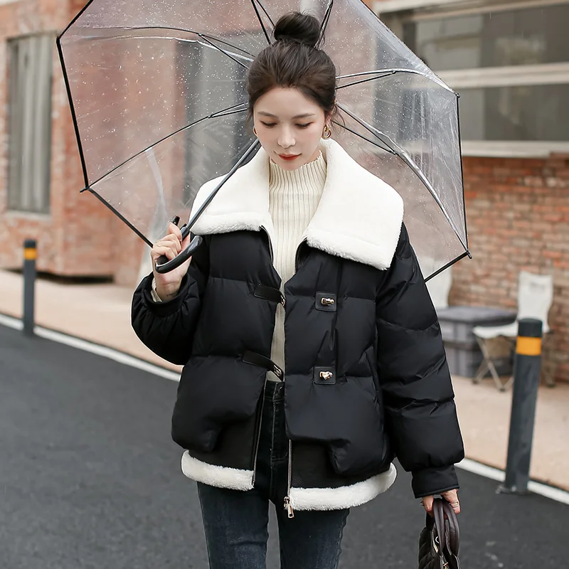 zimowy ciepły płaszcz 2024 nowa krótka kurtka puchowa z dużymi klapami modna fałszywa dwuczęściowa Sweet Girl Sense Bread