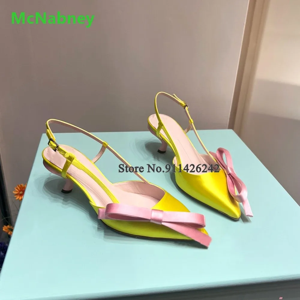 Yellow Silks And Satins Pink Butterfly-knot Pumps For Female Women 2023 New Slingback Buckle Strap Pointed Toe Kitten Heel Shoes