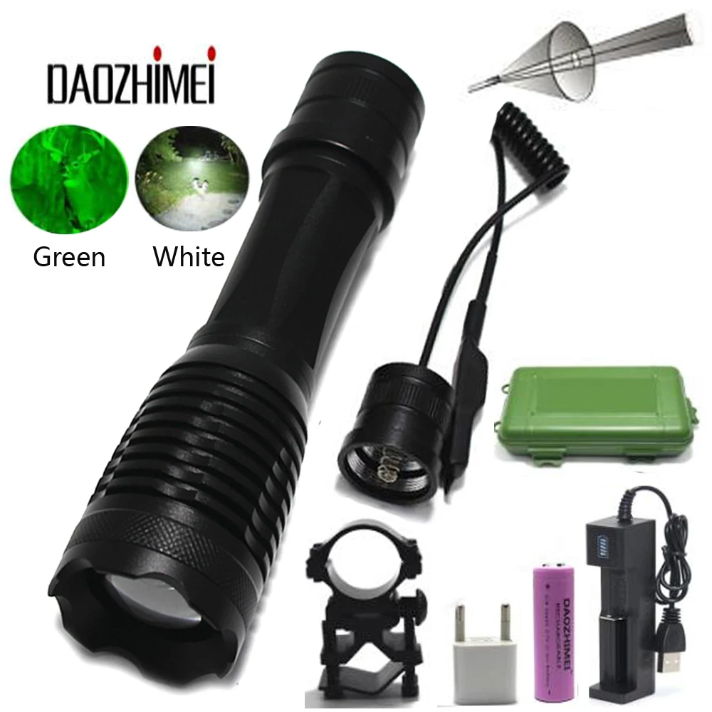 Tactical Zoomable Green Torch LED Hunting Focus Flashlight  Rifle Scope Weapon Gun Light +18650 Battery+Mount+USB Charger+box