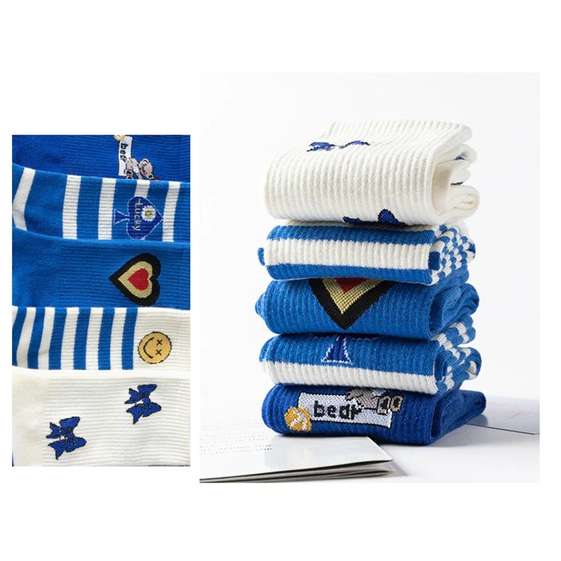 5Pairs Cotton Women Socks Striped Smiling Face Trendy Sock Spring and Autumn Women's Casual Socks Street Skateboard Pile Sock