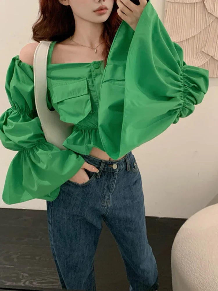 Женская блузка с открытыми плечами однотонная короткая рубашка квадратным