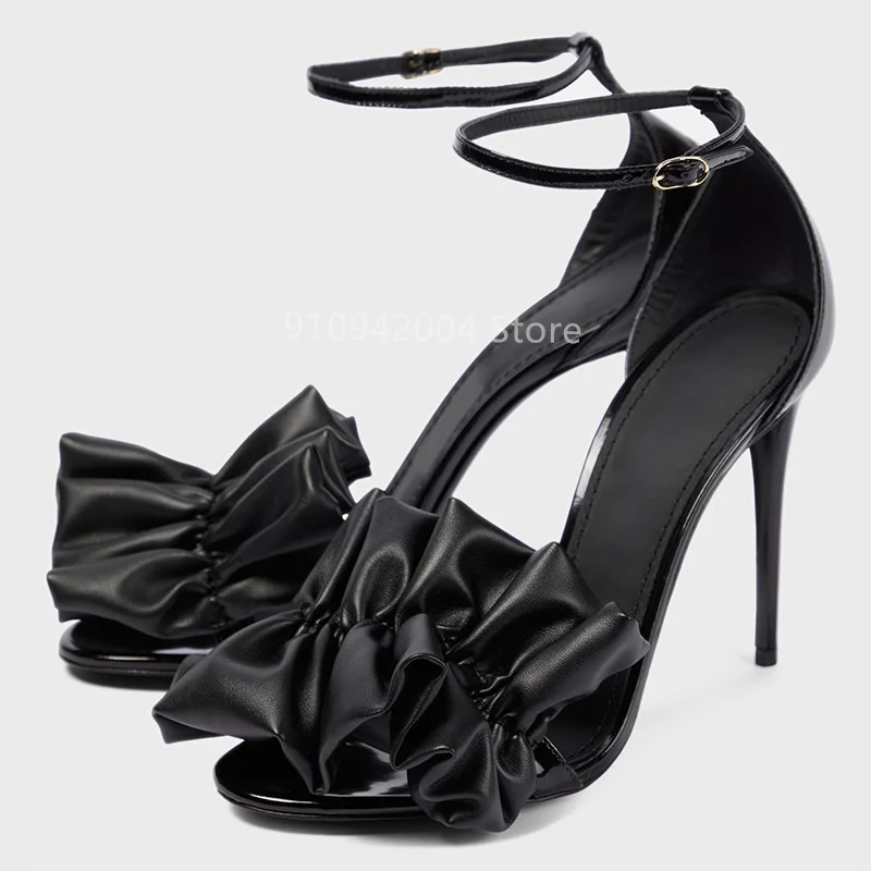 New Fashoin Sewing Pleated Ruffles Modern Sandals Women Ankle Strap 10cm Sharp Stiletto Heel Heels Open Toe Summer Party Shoes