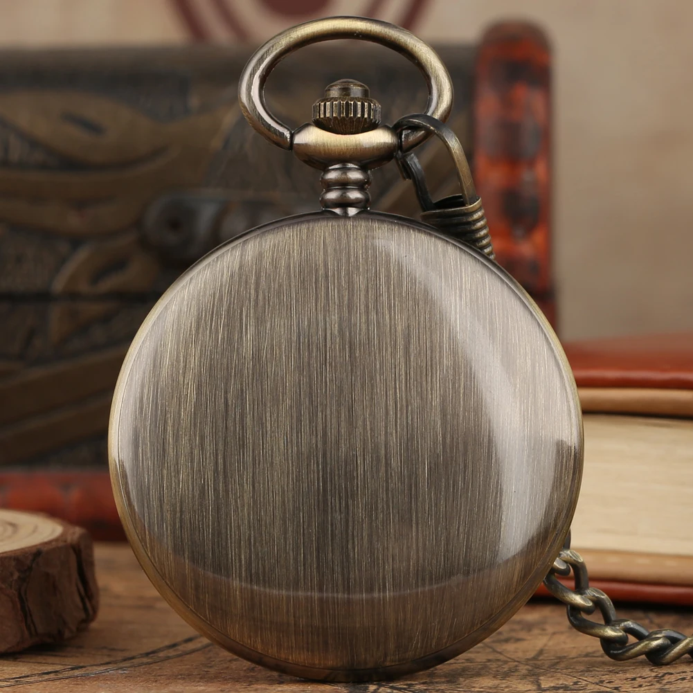Circle Hollow Polished Smooth Bronze Mechanical Pocket Watch Hand Winding Vintage Roman Numerals Dial Man Clock  Pocket Chain