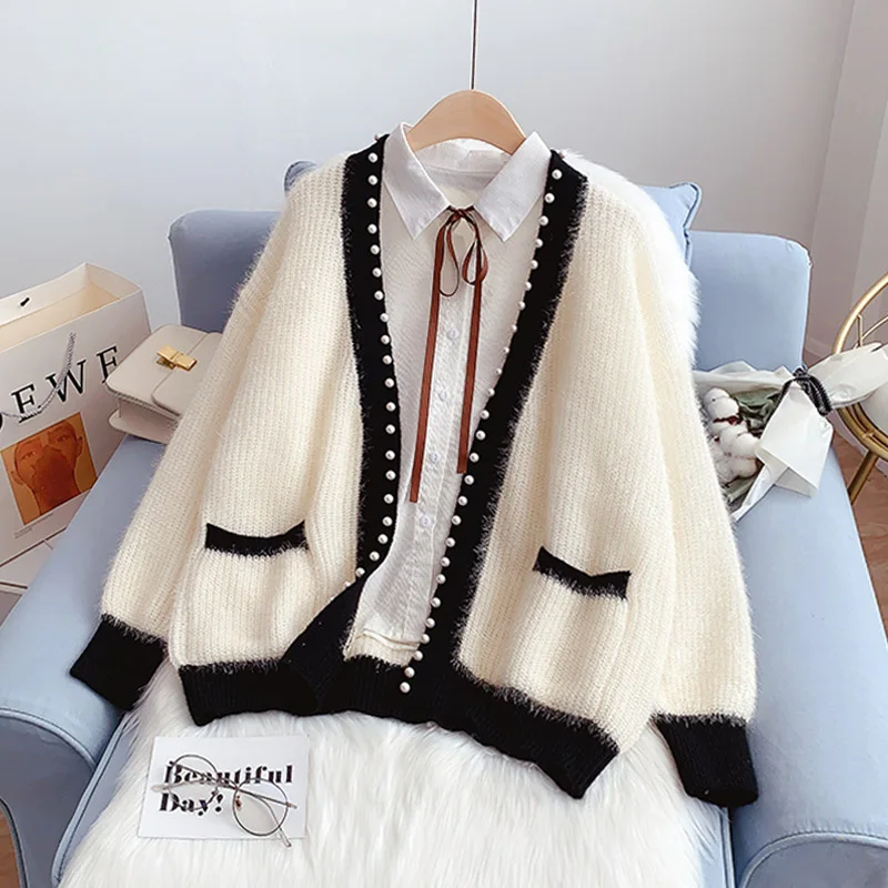 

Beaded Fleece Knitted Women Sweater Cardigan Autumn Winter New 2021 Pocket Elegant Female Outwear Coats Tops