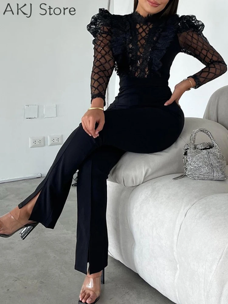 Элегантные сетчатые прозрачные комбинезоны с длинными рукавами контрастные