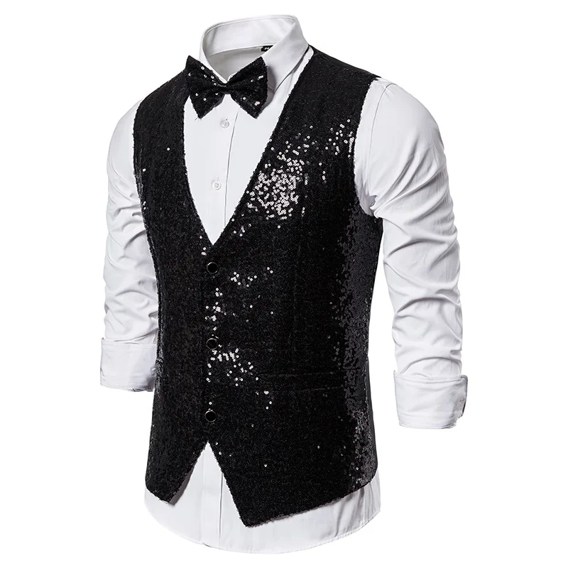 

Mens Suit Vest 2022 Brand Black Sequins DJ Nightclub Vest Waistcoat Men Party Stage Singers Suit Vests Colete Social Masculino