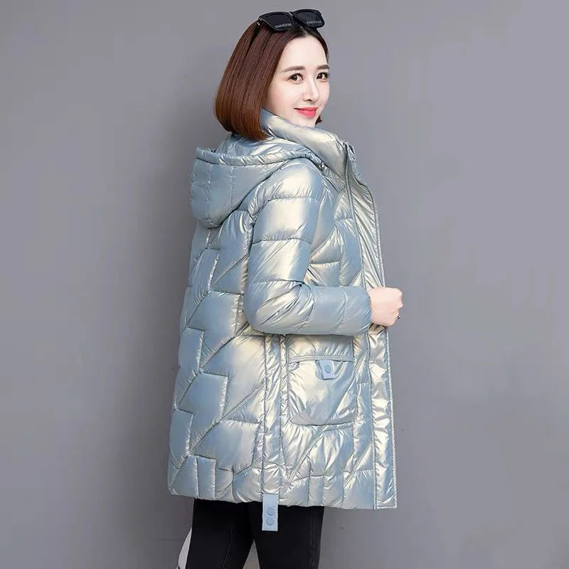 2023 New Glossy Down Cotton Jacket Women Winter Loose mid-length Hooded Warm Thicken Outwear Casual Female Parkas Overcoat