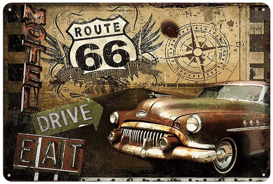 

Route 66 Tin Metal Wall Art Signs, Thick Tinplate Print Poster Wall Decoration for Garage