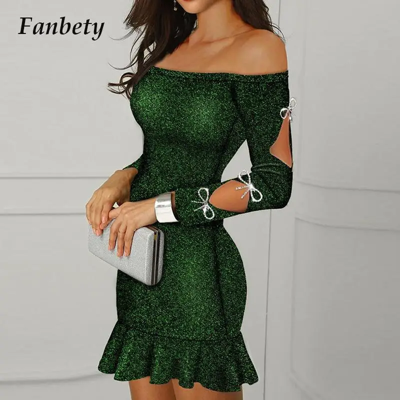 

Новинка 2023, сексуальное женское вечернее платье с воротником-лодочкой, модное облегающее мини-платье с оборками, блестящее женское платье с...