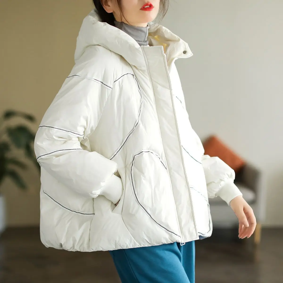 Women 2023 New Winter Korean Style White Duck Down Loose Jackets Fashion Casual Ladies Long Sleeve Hooded Coats Tops C56