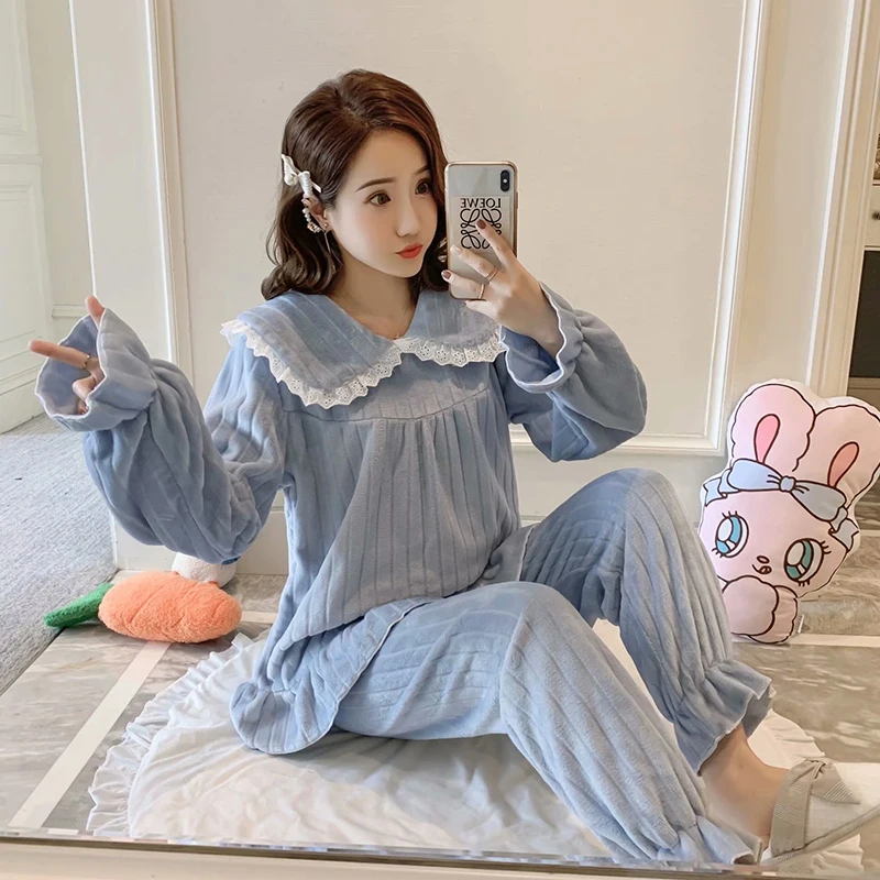Coral Fleece Pajamas Ladies Autumn and Winter Warm Pajamas Solid Color Lapel Home Clothes Suit