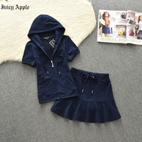 juicy apple tracksuit women zip solid hooded tops skirt set casual summer two piece sets short zip jacket and mini skirt suits