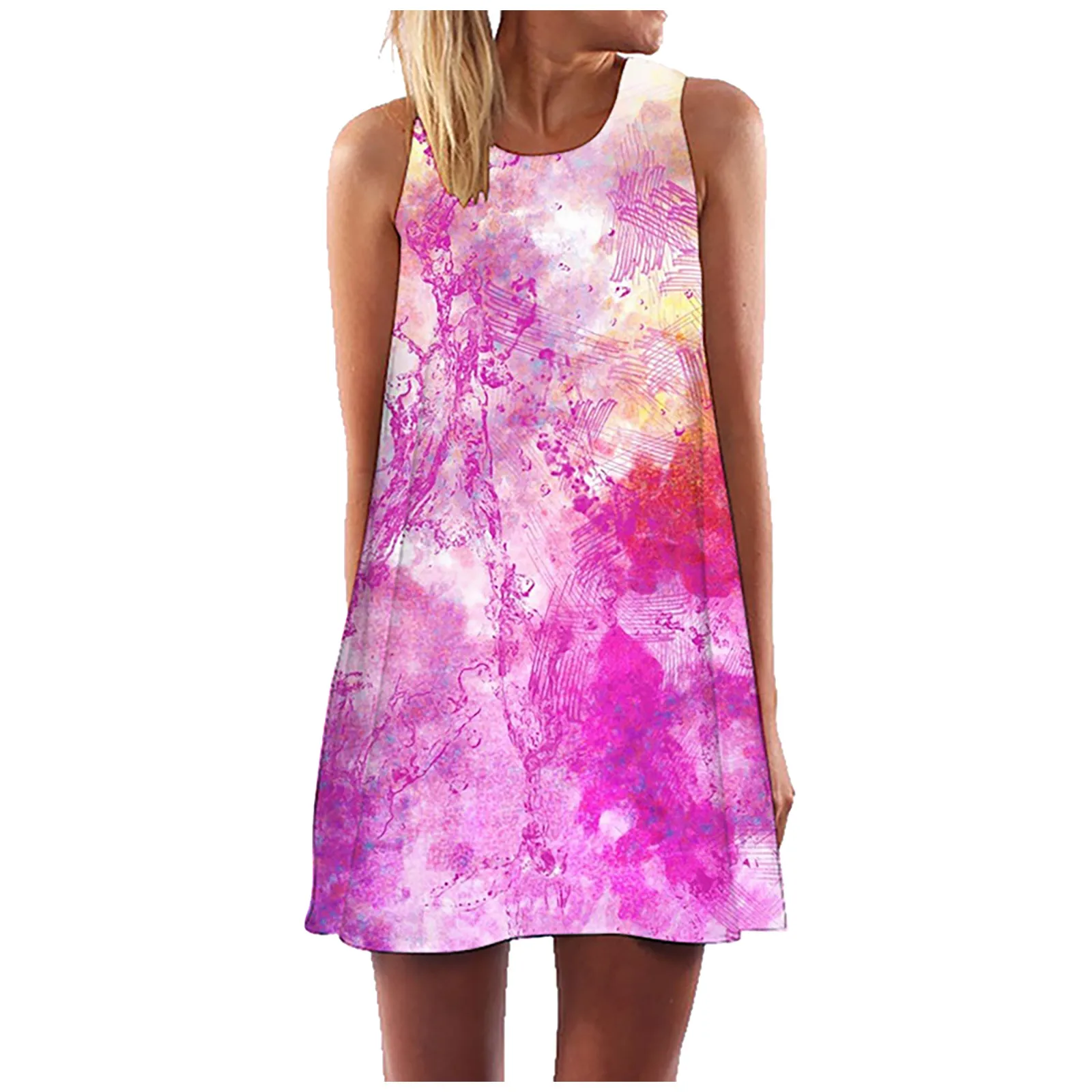 

Women Tie-Dye Print Sleeveless O Neck Casual Loose Dress for Daily Beach Holiday