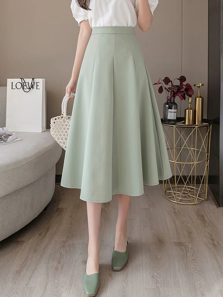 

Женская трапециевидная юбка, элегантная однотонная длинная юбка с высокой талией в Корейском стиле, 2023