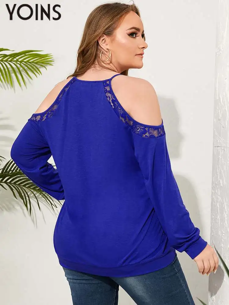 YOINS Sexy Cold Shoulder Shirts Blouses 2022 Autumn Tunic Tops Plus Size Lace Long Sleeve O Neck Ladies Party Blusas Femininas