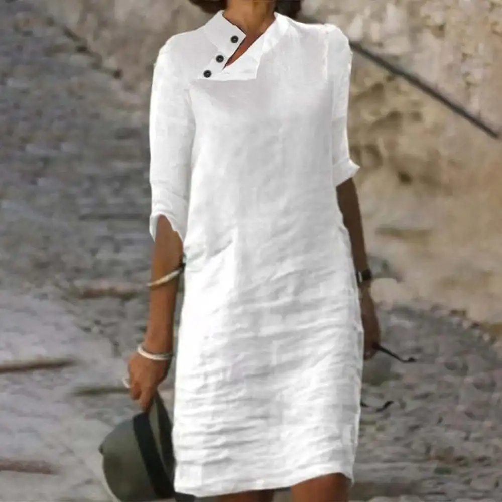 

2023 new Summer Casual Dress Women Button Neck Design Half Sleeve Mini Dresses For Women Elegant Loose Beach Party Dresses