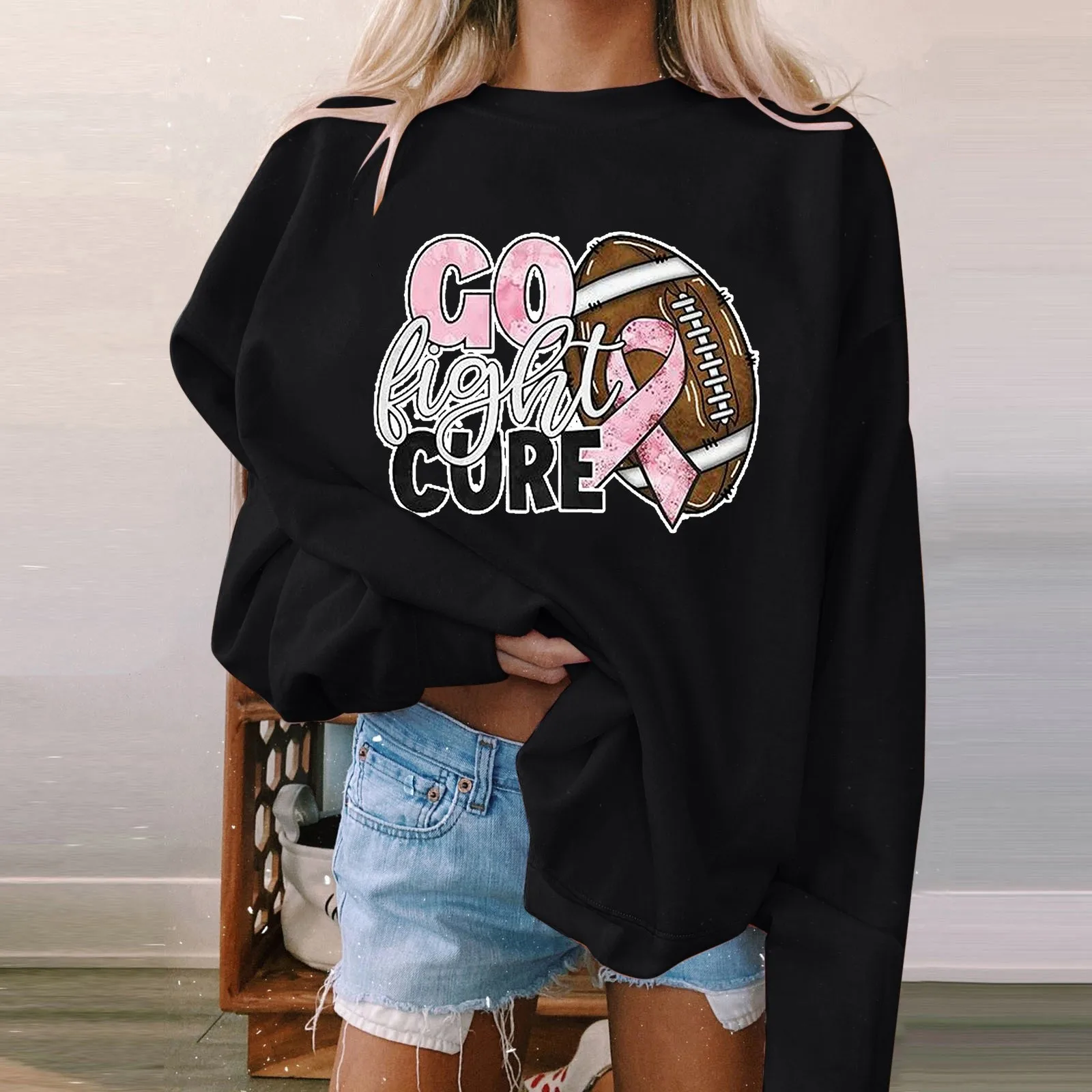 

Women's Breast Cancer Pink Ribbon Combination Logo Long Sleeve Round Neck Sweatshirt Go Fight Cure Letter Print Women Clothes