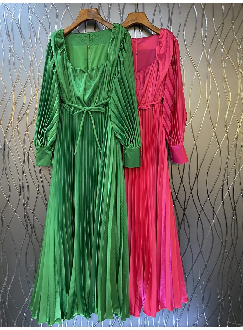 

Женское длинное плиссированное платье, зеленое или розовое Праздничное Платье макси с квадратным вырезом, длинным рукавом и поясом, весна 2023