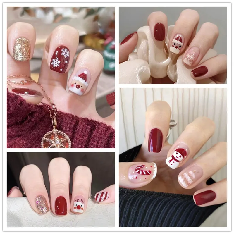 

24 шт. накладные ногти с полным покрытием Рождественская серия олень Снеговик Санта Клаус носимые готовые искусственные ногти для маникюра