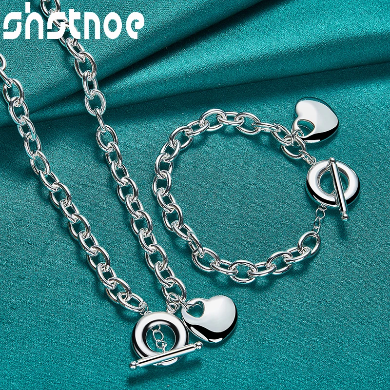

2pcs 925 Sterling Silver High Quality Jewelry Sets Simple Heart OT Chain New Pretty Necklace Bracelets For Woman Gifts Wholesale