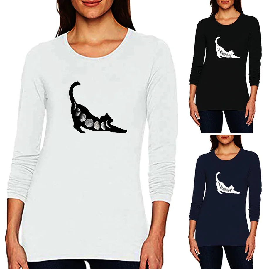 

Women's Kawaii Cat Print Long sleeve T-shirt Cotton Round Neck Tops Spring Autumn Winter Tee shirt Graphic Pullovers Streetwear