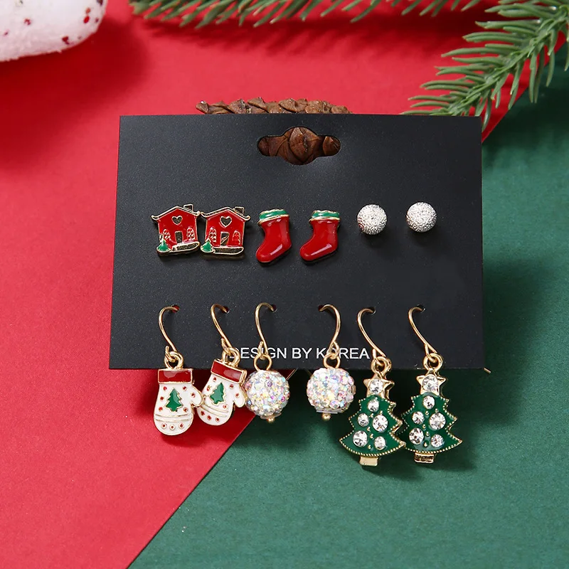 

Fashion Christmas Set of European and American Creative Gloves Red Shoes House Tree Earrings 6 Sets of Alloy Women Jewelry