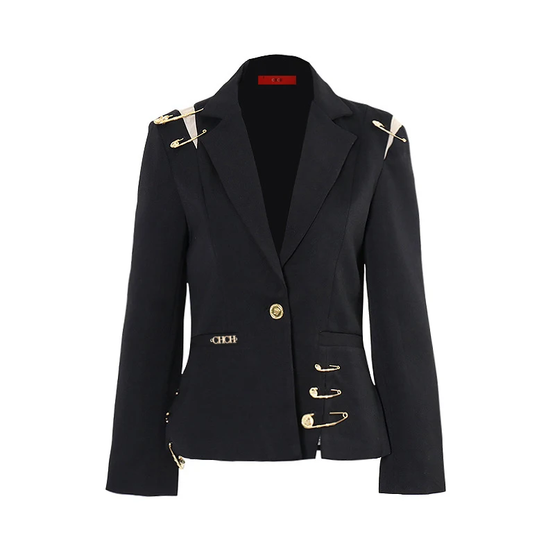 

2023 New Black Long Sleeve Women's Blazers Brand Design Gold Pin Turn-Down Neck Jackets for Women Fashion Solid Woman Coat
