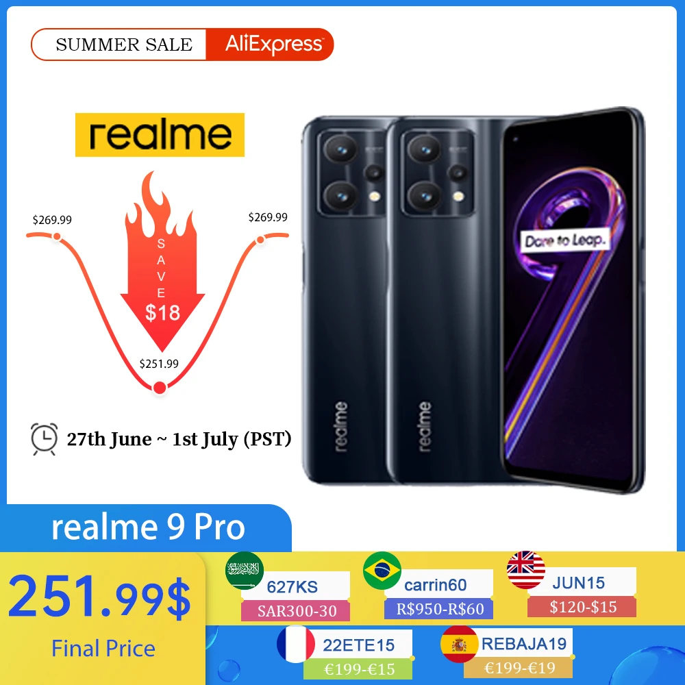 

Global Version realme 9 Pro 5G Mobile Phone 6.6" 120Hz Qualcomm Snapdragon 695 8GB 128GB 64MP 5000mAh 33W Android Smartphone