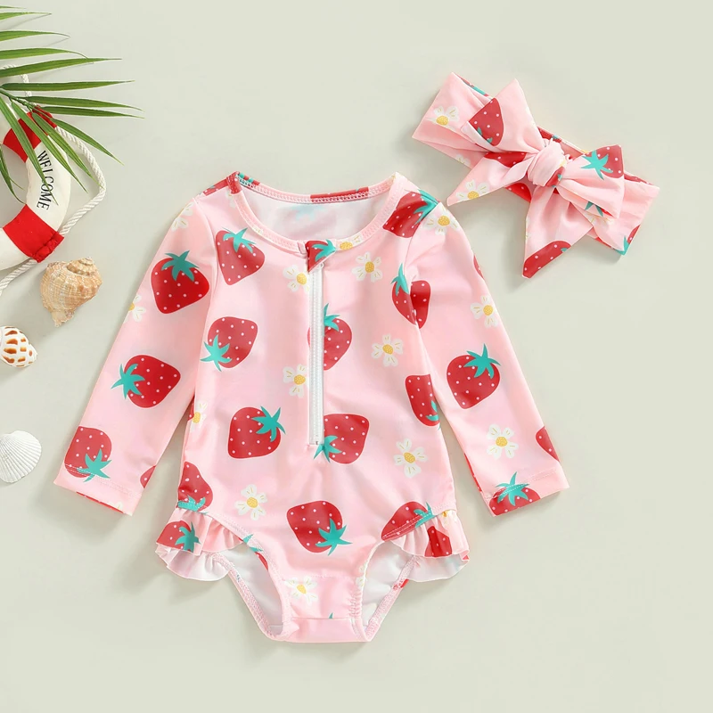 

6M-3T Girls Swimwear Strawberry Print Zipper Jumpsuit Swimsuit and Headband Beachwear Swimwear Girls Cute Bikini Beachwear