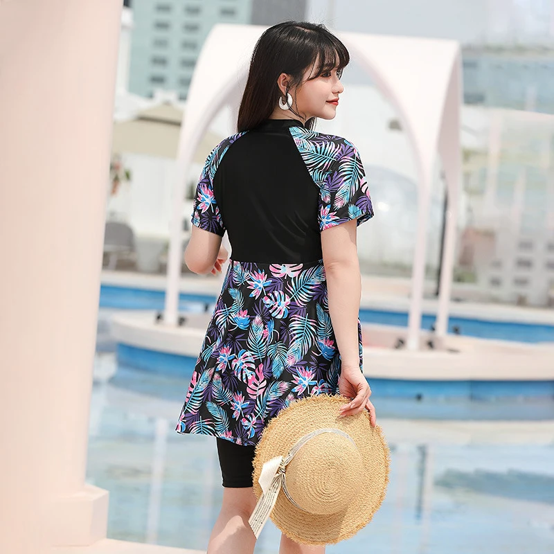 Big Size Swimsuit Woman 2023 Short Sleeve Two Piece Swimwear Conservative Swimming Suit Boxer Bottom High Waist Beachwear