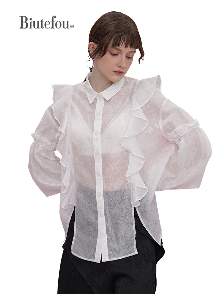 2022 Autumn Women Artistic Sense Puff Sleeves Ruffles Shirt