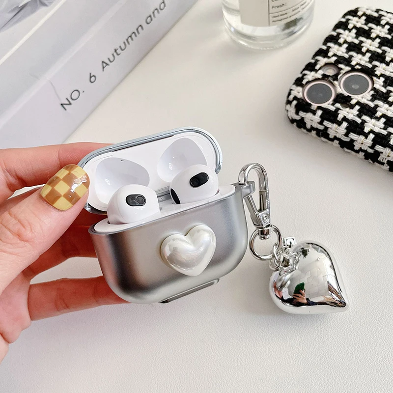 

Matte Silver Electroplated Heart Pendant 2021 AirPods 3 Case Apple AirPods 2 Cover AirPods Pro Case IPhone Earphone Accessories