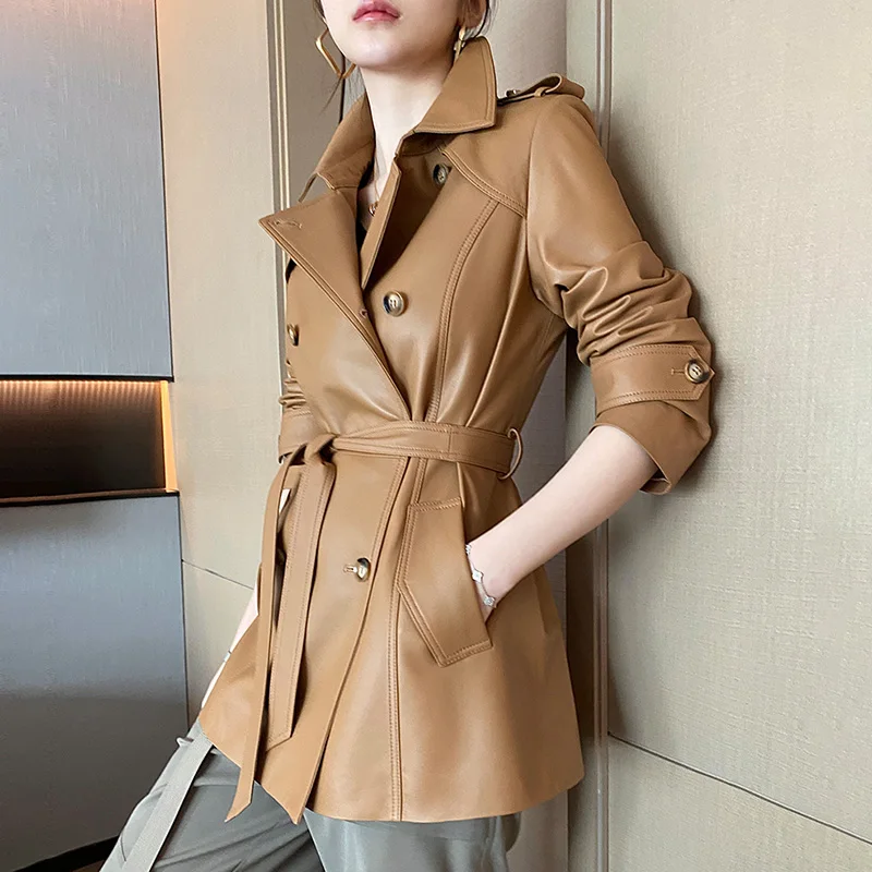 2023 Autumn Winter Belted Genuine Leather Jackets Real Leather Coats Women Jackets Female Sheep Leather Outwear CL4873