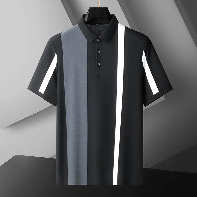 

2023 Summer New Men's Youth Plus Size Casual Polo Stripe Printed Short Sleeve T-shirt