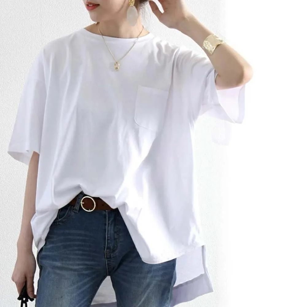 

T-shirt Ins Solid Color Cotton Irregular Loose Patch Pocket Pullover Elegant Chic Leisure Ladies T-shirt 2022 Summer Korea Japan