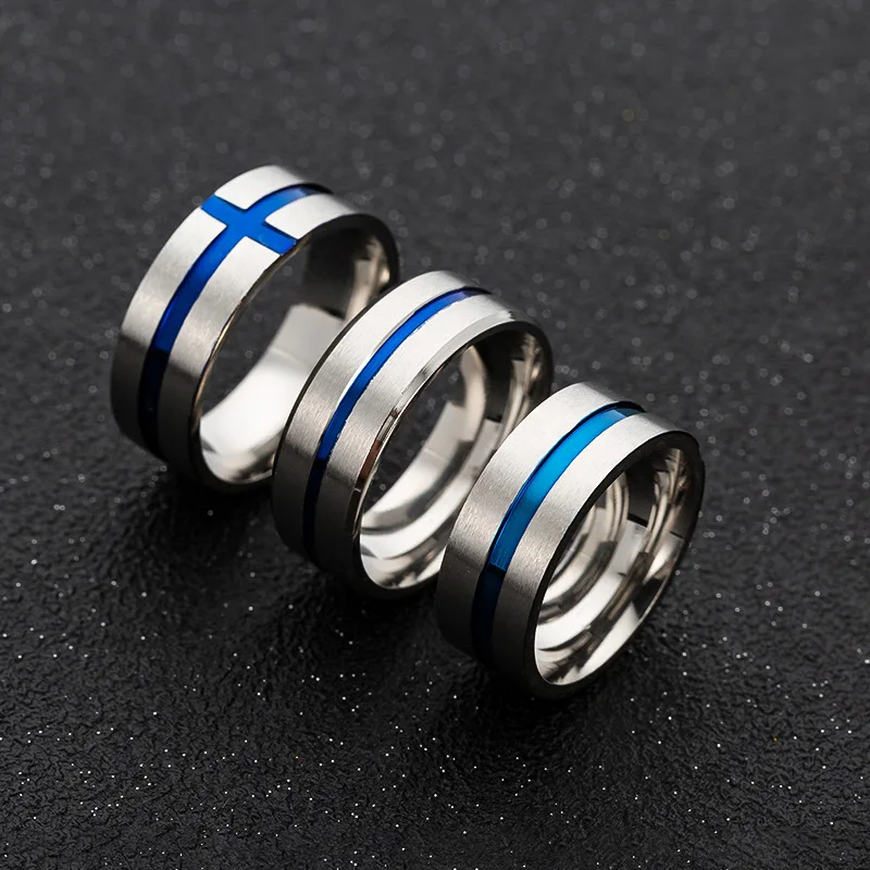 

New Stainless Steel Jewelry 8mm Wide Matte Middle Blue Double Beveled Ring High Quality Simple Men's Fashion Ring Wholesale