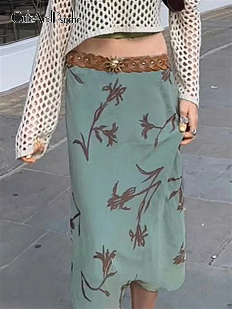 

Cuteandpsycho Floral Print Vintage Midi Skirts Aesthetic 2000s Fairycore Straight Bottoms for Women Cute Harajuku Green Skirts