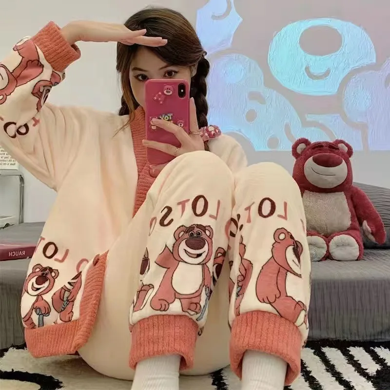 Women Winter Thick Warm V-Neck Cardigan Cartoon Bear Top Pants Flannel Pajama Set Fleece Pajamas Sleepwear Homewear Female Suit