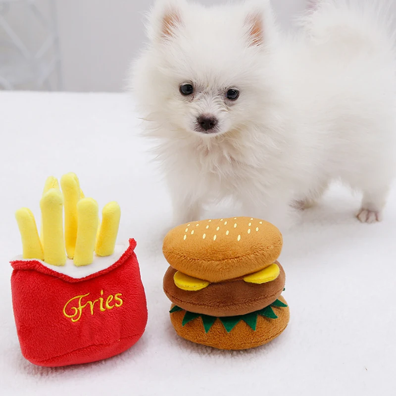 

Hamburger Plush Soft Stuffed Dog Squeaky Toys French Fries Shape Chew Bite Resistant Toy For Small Large Dogs Pets Accessories