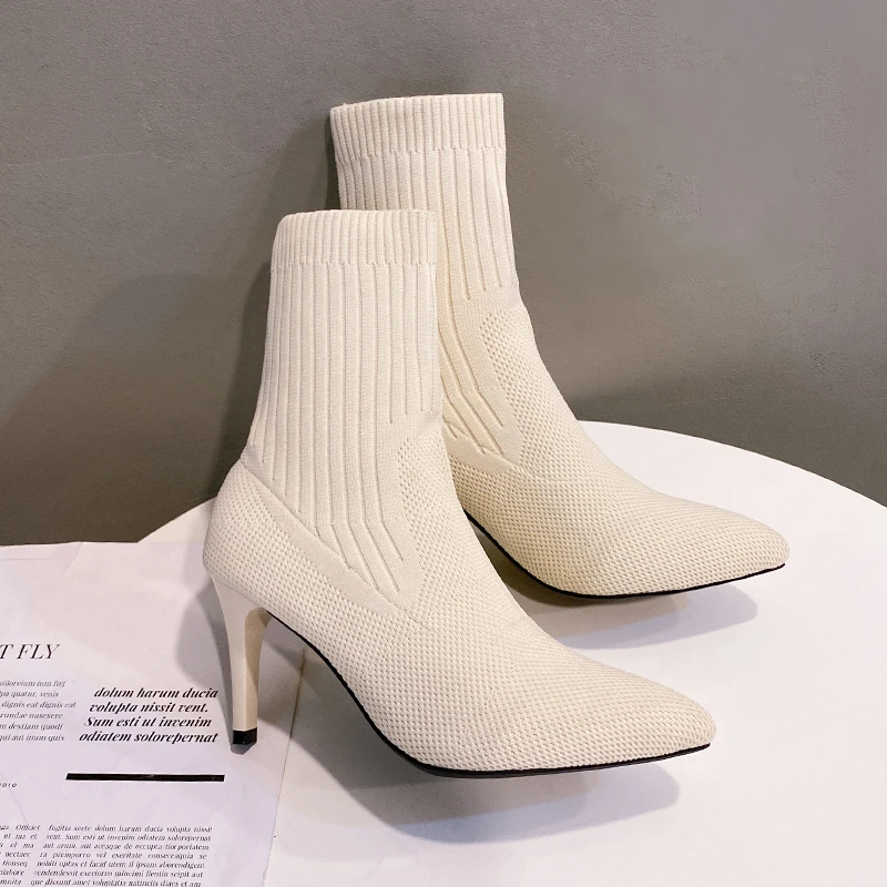 

Spring and Autumn 2023 New Large Pointed Toe Fine Heel Flying Weave Medium Sock Boots Women's High Heel Sleeve Slim Boots