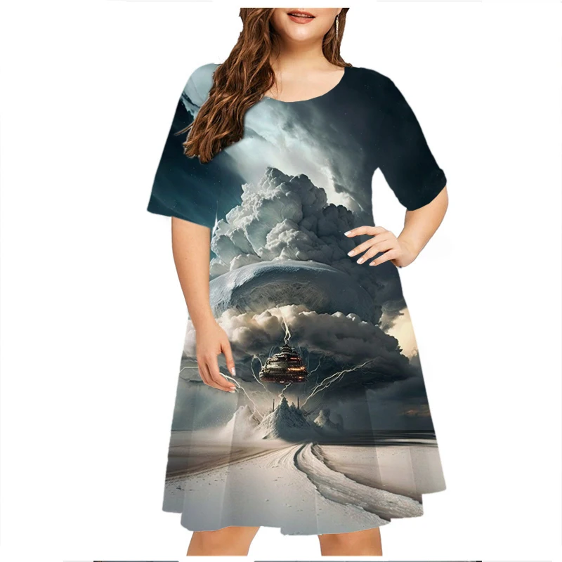 Женское платье с принтом молнии коротким рукавом и круглым вырезом