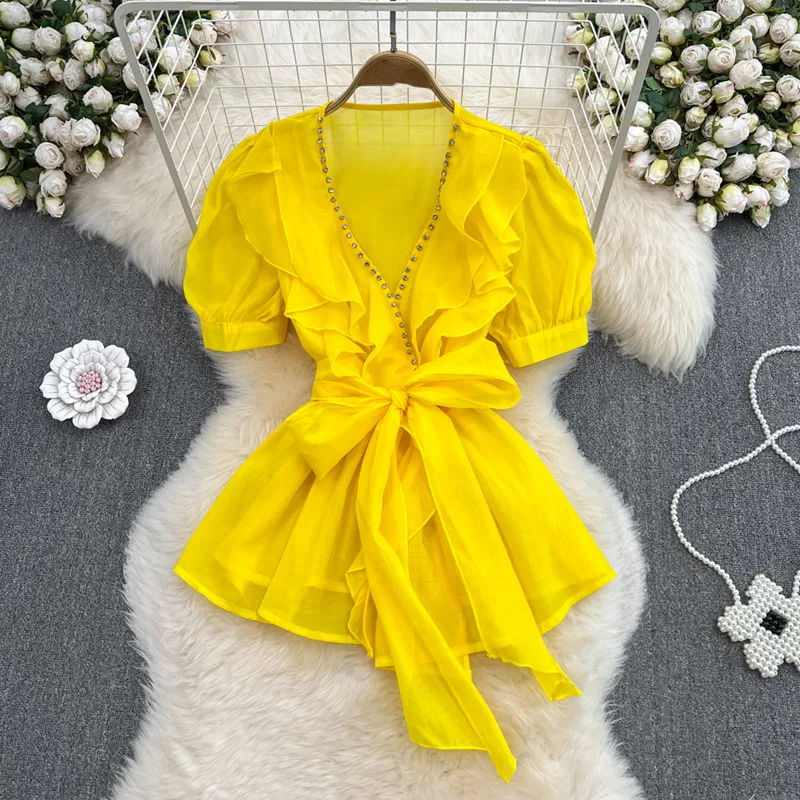 

Sweet High Quality Diamond V-Neck Puff Short Sleeve Casual Women's Tops Summer New Loose Solid Color Shirts With Belt