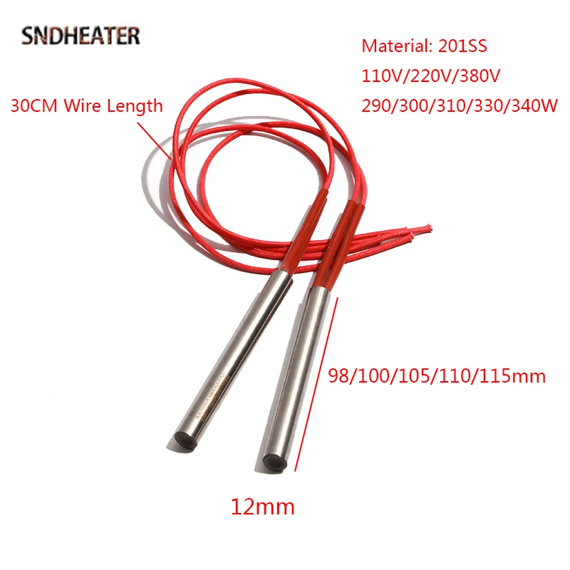 

SNDHEATER 110 В/220 В/380 В картридж нагревательный стержень 12X98/100/105/110/115 мм 201 трубчатый нагреватель из нержавеющей стали 290-340 Вт с красным проводом