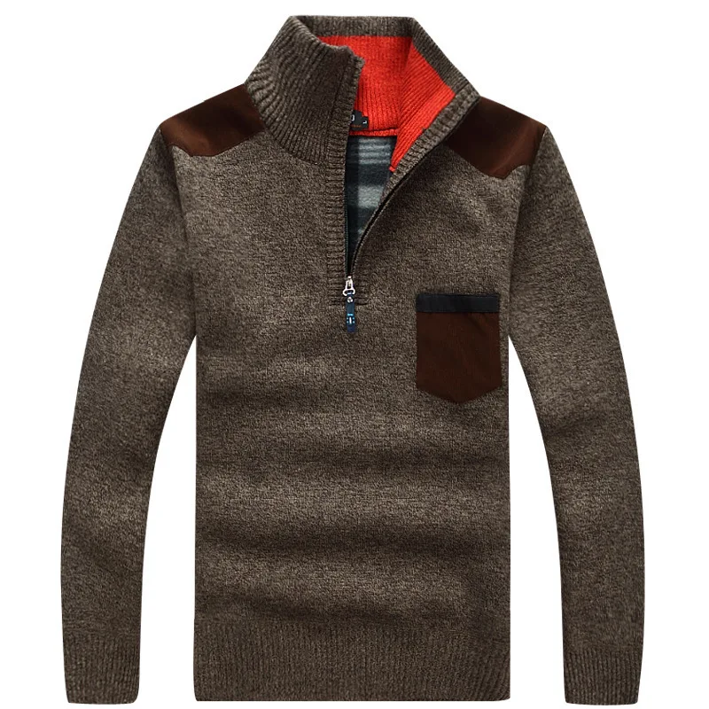 

New Winter Mens Pullover Knitted Sweater Male Wool Fleece Thick Casual Pullover G183 Patchwork Warm Pocket Sweater Standing