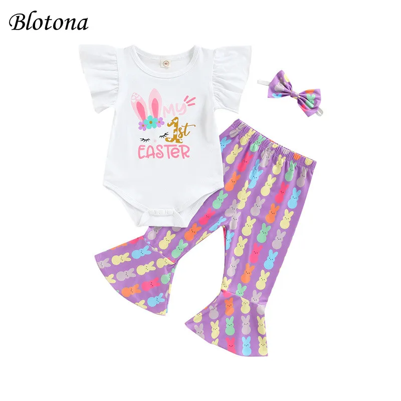 

Blotona Baby Girl Pants, Romper Tops Suit, Long Sleeve Round Neck Easter Rabbit Tops Casual Wide Leg Pants + Headband, 0-18M