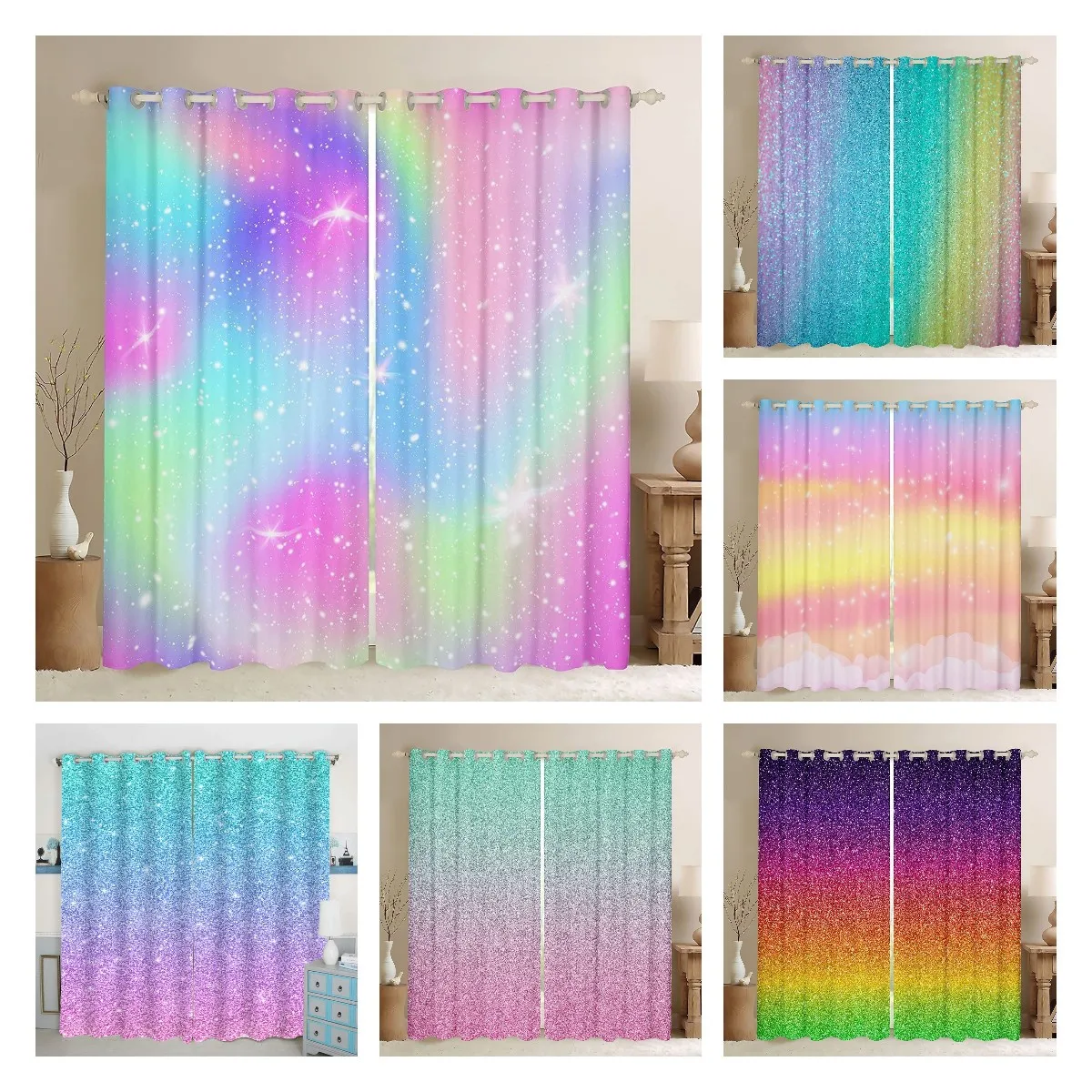 

Rainbow Curtain Tie Dye Blackout Curtains for Girls Bedroom Twinkling Stars Living Room Home Decor Left and Right Biparting Open