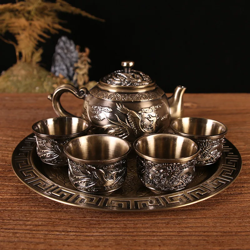 High-grade tea set, old-fashioned bronze teapot set, dragon and phoenix silver-plated tea and wine set, ornaments