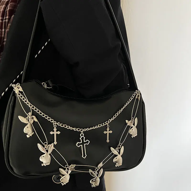 

MBTI Y2k Millennium Babes Underarm Bag 2022 Summer Subculture Punk Rabbit Head Cross Chain Pin Black Shoulder Bag for Women