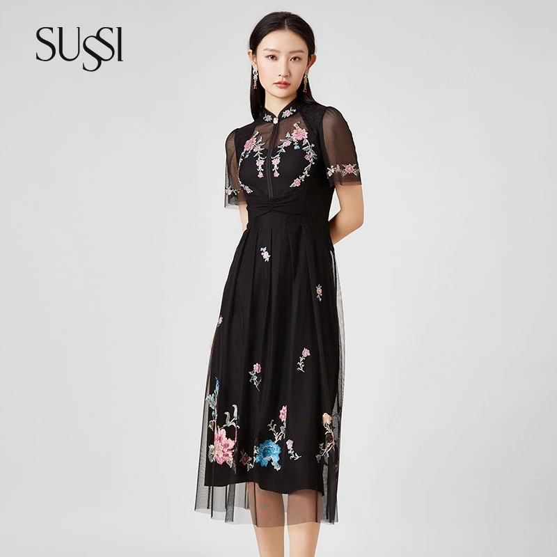 

Chinese high-end beautiful female style black embroidered summer dress